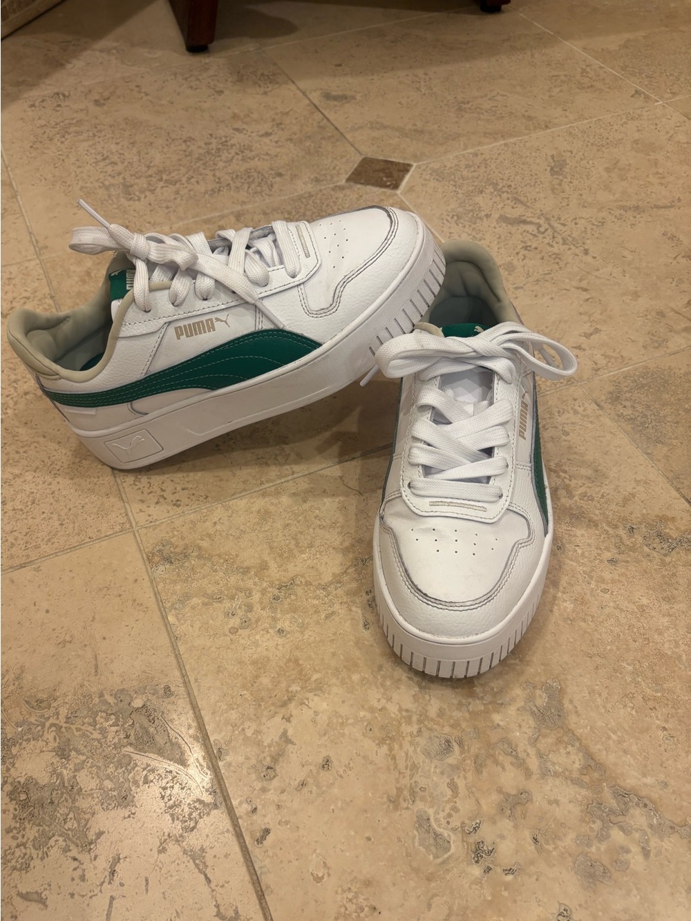 Puma Platform White Sneakers with Green Stripe and Gold Logo